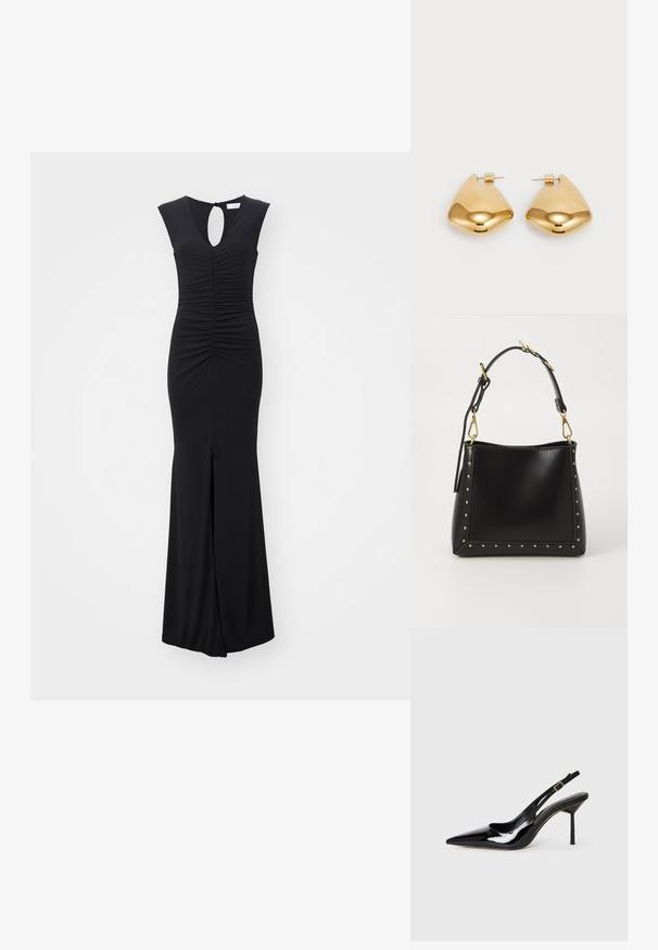 Rochie neagră cu un design elegant și ajustat. Prezintă un decolteu în formă de cheie la spate, un corp cu pliuri și o fendinge la margine. Confecționată dintr-un material neted și elastic.; Pantofii cu toc stiletto din piele lăcuită neagră, cu vârf ascuțit, curea subțire și cataramă aurie pe fundal alb.; Geantă de piele neagră, cu o formă structurată, având ace de aur pe margini și o curea detașabilă cu accente din metal auriu.; Cercei din metal de culoare aurie, cu o formă triangulară rotunjită și un design cu prindere pe spate; suprafață reflectorizantă cu detalii minime.