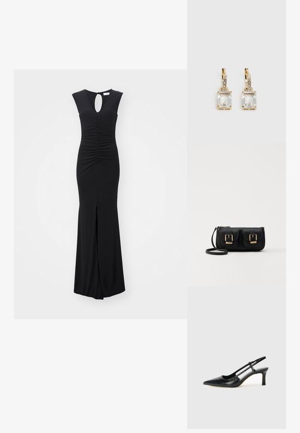 Melnā kleita ar elegantu, pieguļošu dizainu. Iezīmēta ar atslēgas caurumu aizmugurē, ručotu kleitu un šķēlumu apakšmalē. Izgatavota no gludas, elastīgas auduma.; Melna patent āda ar slīdošo papēdi un smailo purngalu, ar teksturētu čūsku drukājumu, regulējamu siksniņu un īsu teksturētu blokpapēdi.; Melnas ādas crossbody soma ar divām priekšējām kabatām, zelta sprādzēm, ar rāvējslēdzēju aizdari un šauru siksnu. Strukturēta virsma un kompakta taisnstūra forma.; Zeltītas auskaru rotas, kuru centrā ir taisnstūra formas caurspīdīgs kristāls, kas karājas zem mazu, apaļu caurspīdīgu akcentu rindas. Elegants, mūsdienīgs dizains.