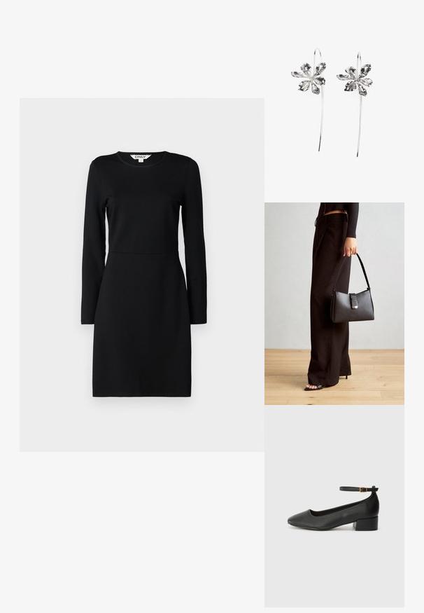 Crna haljina dugih rukava s okruglim izrezom. Prilagođen silueta s detaljem šava na struku. Meki materijal, glatka tekstura. Bez uzoraka ili ukrasa.; Crne kožne pumpe s oštrim vrhom i niskom blok petom. Sadrže remen oko gležnja s zlatnim kopčanjem. Glatka tekstura.; Crna torba s oblikom koji sadrži strukturu, glađu teksturu i metalnu kopču. Uparena s širokim crnim hlačama i sandalama na otvorenom s drvenog poda.; Srebrne naušnice u obliku cvijeta s teksturiranim završetkom, s dugim kukama i detaljima nalik laticama za složen dizajn.