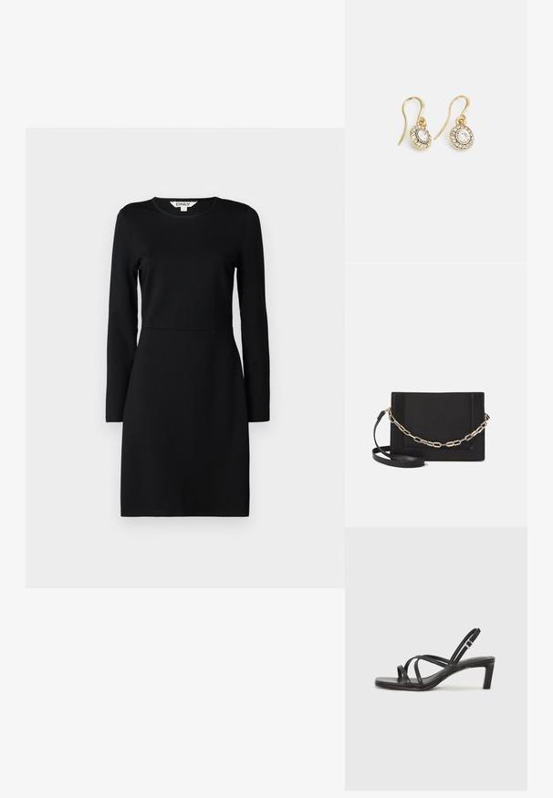 Czarna sukienka z długim rękawem i okrągłym dekoltem. Dopasowany krój z detalem w postaci szwu w talii. Miękka tkanina, gładka struktura. Brak wzorów lub ozdób.; Czarne sandały na obcasie z prostokątnym noskiem i niskim słupkowym obcasem. Posiadają wiele cienkich pasków i regulowany pasek na kostkę. Wykonane z gładkiej skóry.; Czarna skórzana torebka typu crossbody z gładką teksturą, prostokątnym kształtem oraz metalowym detalem w postaci łańcuszka z przodu. W zestawie regulowany pasek.; Złote kolczyki z owalnymi przezroczystymi kryształami otoczonymi mniejszymi przezroczystymi kamieniami, z zapięciem w formie haka zapewniającym bezpieczne noszenie.