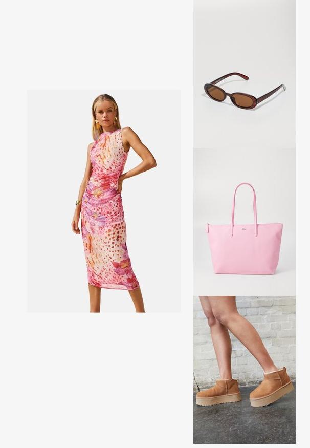 Cvećasta midi haljina s mješavinom uzoraka u ružičastim i bijelim tonovima, naboranim detaljima, bez rukava i prozirnom teksturom tkanine.; Smeđi antilop čizmi do gležnja s mekanim postavljanjem, debljim bež platformski potplat i stražnjim povlačnim trakama. Teksturirana površina s vidljivim šavovima.; Okvir okruglih, smeđkastih sunčanih naočala s sjajnim burgundskim okvirom. Uski nositelji s suptilnim brendiranjem. Ravna leća.; Ružičasta torba od teksturiranog materijala, s dva duga ručka i urezanim logotipom na prednjoj strani. Zatvaranje na munje.