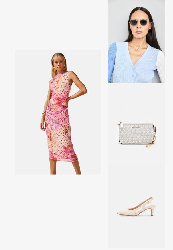 Rochie midi florală cu un model combinat de nuanțe de roz și alb, detalii plisate, fără mâneci și textură din material transparent.; Sandaie cu toc alb, cu vârful ascuțit, material superior neted, toc mic tip bloc și design cu decupaj lateral, cu curea ajustabilă.; Ochelari de soare rotunzi cu lentile întunecate și rame aurii. Modelul poartă un cardigan ribbed de culoare albastru deschis cu nasturi și mâneci albe în contrast.; Clutch Michael Kors din canva acoperit bej, cu un model repetitiv al logo-ului MK, accesorii din aur și o curea cu lanț detașabil.