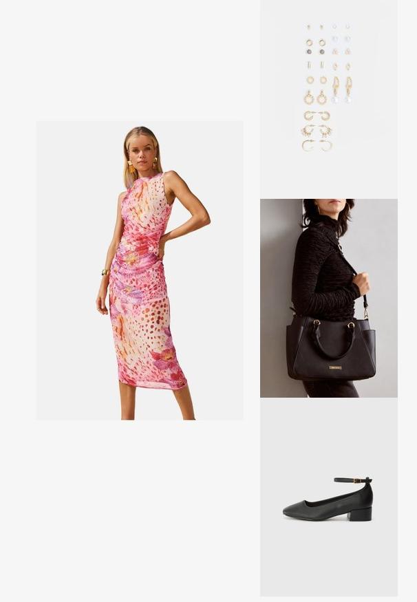 Cvečasta midi obleka z mešanim vzorcem rožnatih in belih odtenkov, nagubanimi detajli, brez rokavov in prozorno teksturo blaga.; Črne usnjene pumpice z nazobčanimi prsti in nizko blokasto peto. Imajo trak okoli gležnja z zaponko v zlatem tonu. Gladka tekstura.; Črna torbica z teksturirano površino, z dvema zgornjima ročajema in nastavljivim ramenskim pasom. Ima zlatovrateče dodatke in stranske žepe.; Set zlatonatih uhans, ki vključuje različne dizajne, vključno s studiemi, obroči in visečimi kosi z biseri in rhinestones.