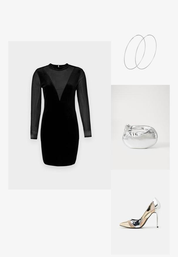 Melna kleita ar garām caurspīdīgām piedurknēm, samta ķermeni un V-veida caurspīdīgu dekoltē. Gluda tekstūra ar piegulošu dizainu.; Apspīlēta augstpapēžu kurpe ar zeltītu, sudrabi un neitrālu krāsu kombināciju. Spīguļojoša virsma ar izgriezuma dizainu, aprīkota ar stiletto papēdi.; Sudraba metāliska poga somiņa ar mīkstu, noapaļotu formu un mezgla augšējo aizdari. Izgatavota no gludas mākslīgās ādas materiāla.; Sudraba gredzenveida auskari ar minimālistisku dizainu. Cirkulāra forma, gluda tekstūra un plāns profils. Vieglu svaru ar spīdīgu apdari.