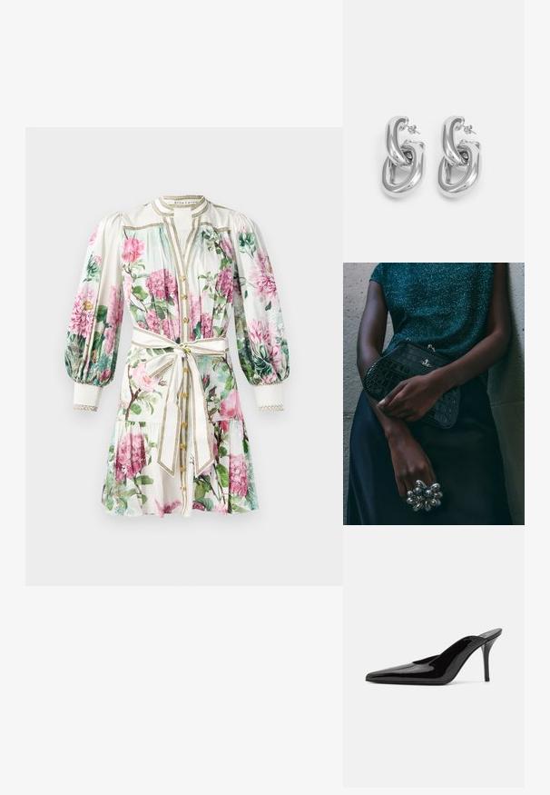 Lillelillekleit roosa ja rohelise mustriga, valge alus, volanghõlmad, kuldsed aktsendid, nööbist sulgemine ja seotud vöökoht.; Must musta nahkkängad terava ninaga ja sujuva siluetiga, avatud tagusega ja peene stiletto kontsaga.; Must musta tihe-must reptiili nahast pidulik kott hõbedaste detailidega, mille taustal on tekstuuriline hall taust. Omab läikivat pinda.; Rabanne XL LINK DOUBLE HOOP EARRING - Kõrvarõngad - silver-coloured