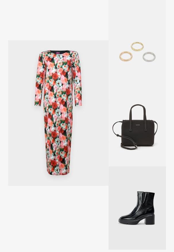 Lille lilleline lillekleit, dekoratiivsete lillemotiividega, ümmarguse kaelusega, pikkade varrukatega ja vormitud siluetiga. Värvideks on roosa, punane ja roheline musta tausta vastu.; Mustmustest must paeltega särkide, millel on kõver varvas, elastsed külgpaneelid ja jäme plokkpealse. Tagaküljel on reljeefne logo.; Musthave mustrans vöö ja eemaldatav õlarihm. Gludike nahk siledaga, millel on tõmblukk ja logo detail.; Kolme metallist rõngast: üks roosa kuld, üks kuld tekstuursete aktsentidega ja üks hõbe, kõik sisepoolt graveeritud brändinguga.