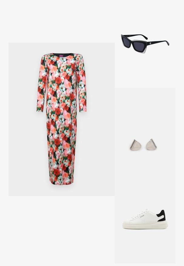 Ziedu raksta garā kleita ar apaļu kakla izgriezumu, garām piedurknēm un pieguļošu siluetu. Krāsas ietver rozā, sarkano un zaļo uz melna fona.; Baltas ādas sporta apavi ar biezu balto zoli, melna zamša uzpura un izspiestais logotips sānos. Šņorējuma dizains ar sešiem acu caurumiem.; Melni pārmēru saulesbrilles ar ģeometrisku formu, kas aprīkotas ar tumšiem stikliem un kontrastējošu pelēku akcentu uz rāmja. Logo uz kājas.; Sudraba metāla auskari ar gludu, asarveida formu un pulētu apdari. Smalkas gravējumi pievieno detalizāciju. Minimālisma dizains.