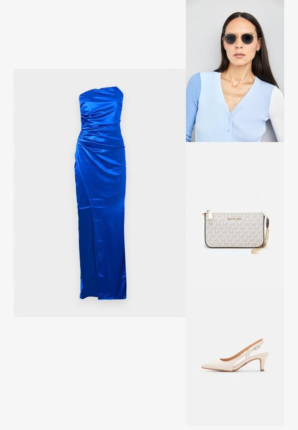 Ujj nélküli kék szatén ruha fodros felsőrésszel és oldalsó hasítékkal, ami feszes szabással és sima, fényes textúrával rendelkezik.; Fehér slingback sarok, hegyes orral, sima felső anyaggal, alacsony blokk sarkával és oldalsó kivágott dizájnnal, állítható csatpánttal.; Kerek napszemüveg sötét lencsékkel és arany kerettel. A modellen világoskék, bordázott kardigán van gombokkal és kontrasztos fehér ujjaival.; Michael Kors bézs bevonatos vászon karkötő, amely ismétlődő MK logó mintával, aranyszínű fémrészletekkel és levehető lánchordóval rendelkezik.