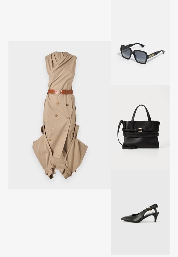 Bezsine színű, drapált nyakú ruha, ezüst csatos övvel, dupla gombos részletekkel és laza ujjakkal.; Fekete bőr slingback szivattyú hegyes orral, kis sarokkal és csat részlettel a bokapánton. Simaság, minimalista dizájn.; Fekete négyzet alakú napszemüveg szürke átmenetes lencsékkel; diszkrét díszítések és sárga "MOSCHINO" feliratozás az szárán.; Fekete bőr kézitáska strukturált dizájnnal, párhuzamos felső fogantyúkkal, levehető pánttal és arany csat díszítéssel egy vízszintes sávon.