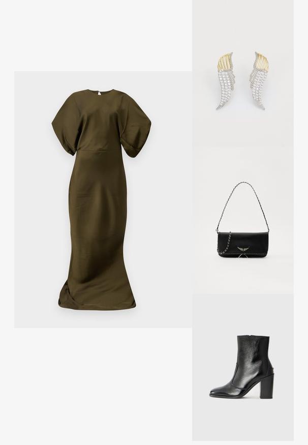 Oliivroheline, põrandani ulatuv kleit, millel on sile, satiinilaadne tekstuur. Omab laiat varrukat ja ümmargust kaelust, diskreetse selja tõmblukuga.; Must kõvale nahast pahklipsu saapad, millel on sile tekstuur, terav varvas ja paks kõrge kann. Omab külgavatust ja minimalistlikku disaini.; Mustvalge nahk käekott hõbedase ahelsanga ja dekoratiivsete tiivaaktsentidega, samuti valgete õmblustega alumises ühenduses.; Mustvalge nahk käekott hõbedase ahelsanga ja dekoratiivsete tiivaaktsentidega, samuti valgete õmblustega alumises ühenduses.; Mustvalge nahk käekott hõbedase ahelsanga ja dekoratiivsete tiivaaktsentidega, samuti valgete õmblustega alumises ühenduses.; Kaks tiivakujulist kõrvaehte, mis on valmistatud hõbedatooni metallist, millel on selged ümarad kristallid ja kuldtooni metallikattega kihiline disain.