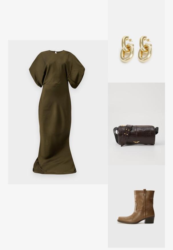 Abito lungo verde oliva con una consistenza liscia simile alla seta. Presenta maniche larghe e un colletto rotondo, con una cerniera nascosta sul retro.; Stivale alla caviglia in pelle marrone con punta quadrata, finitura testurizzata e tacco basso incassato. Dotato di un pratico tassello posteriore e dettagli di cucitura sottili.; Borsa in pelle stampata a coccodrillo marrone con forma cilindrica, accessori in tonalità oro e una tracolla staccabile con borchie.; Rabanne XL LINK  DOUBLE HOOP EARRINGS - Orecchini - gold-coloured