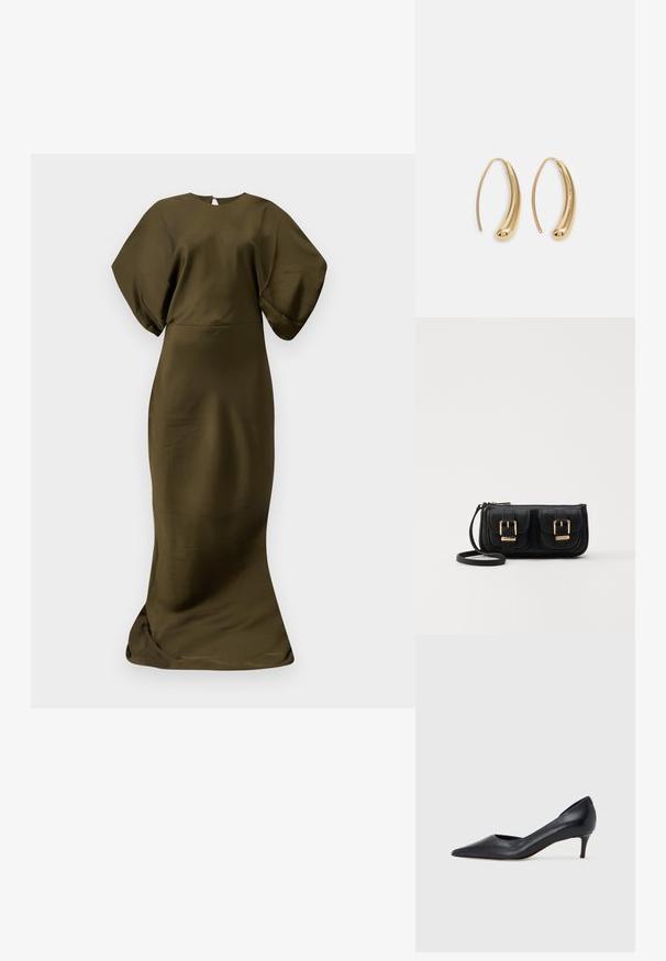 Rochie lungă de culoare verde măslin, cu o textură netedă, asemănătoare satinului. Prezintă mâneci largi și un decolteu rotund, cu un fermoar discret la spate.; Pantof din piele neagră, cu vârf ascuțit și toc mic. Are o textură netedă și un luciu subtil. Decupaj deschis în partea din față pentru un detaliu suplimentar.; Geantă neagră din piele, tip crossbody, cu două buzunare frontale, catarame aurii, închidere cu fermoar și o curea subțire. Suprafață texturată și formă rectangulară compactă.; Cercei din metal auriu, cu un design curbat și alungit. Au o suprafață netedă și strălucitoare, cu un vârf rotunjit pentru un detaliu suplimentar.