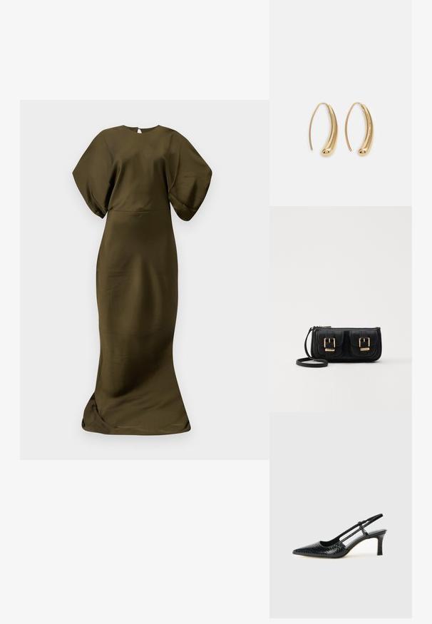 Olivgrön, golvlång klänning med en slät, satinliknande textur. Har vida ärmar och en rund halsringning, med en diskret dragkedja bak.; Svart lackskin slingback-häl med spetsig tå, med texturerad ormskinnsprint, justerbar rem och en kort, texturerad blockklack.; Svart läderaxelväska med två framfickor, guldspännen, dragkedjestängning och en smal rem. Texturerad yta och kompakt rektangulär form.; Guldtonade metallörhängen i en kurvad, avlång form. Har en slät, glänsande yta och en rundad spets för en extra detalj.
