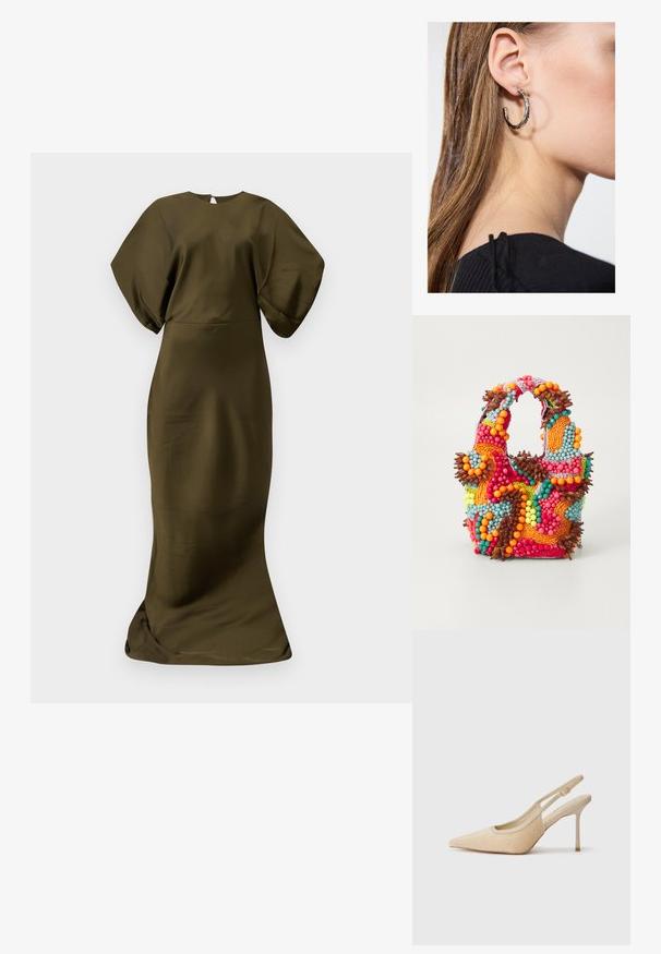 Oliwkowa, długości do podłogi sukienka o gładkiej, satynowej teksturze. Posiada szerokie rękawy i okrągły dekolt, z dyskretnym zapięciem z tyłu.; Beżowe szpilki typu slingback z wąskim noskiem, wykonane z teksturowanego materiału, z cienką piętą i regulowanym paskiem.; Torebka z koralikami w żywych kolorach: różowym, pomarańczowym, niebieskim i brązowym. Teksturowana powierzchnia z okrągłymi koralikami i organicznymi kształtami, mocne uchwyty.; Srebrny kolczyk w kształcie koła z polerowanym wykończeniem, z małymi złotymi akcentami, noszony na płatku ucha.