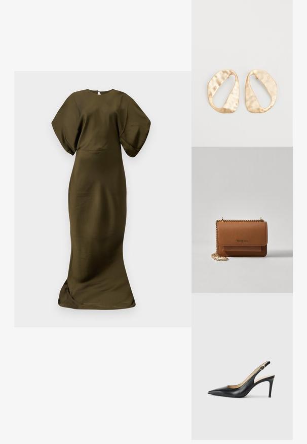 Olijfgroene, vloerlange jurk met een gladde, satijnachtige textuur. Heeft brede mouwen en een ronde halslijn, met een discrete achterrits.; Zwarte leren slingback-hakken met een spitse neus, verstelbare band en een elegante stiletto-hak, met een gladde afwerking.; Bruine lederen schoudertas met textuur, voorzien van een gouden kettingstrap en klepsluiting. De voorkant heeft een logo-detail en een zak onder de klep.; Een paar onregelmatig ovale, gouden metalen oorbellen met een gestructureerd, lichtgehamerd oppervlak op een witte achtergrond.