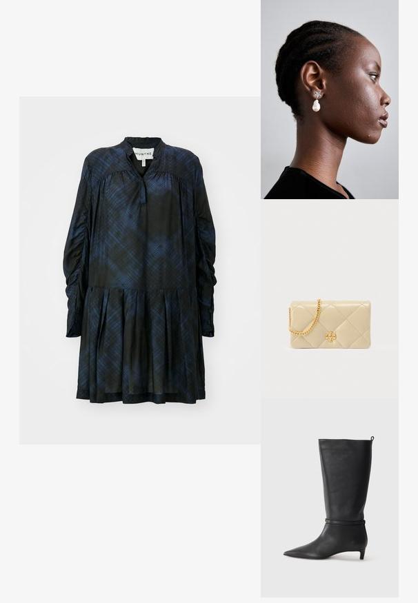 Čierne a modro kárované šaty s vysokým golierom, dlhými nariasenými rukávmi, skladanou sukňou a gombíkovým zapínaním na manžetách. Hladká textúra látky.; Čierne kožené vysoké čižmy po kolená s špicatou špičkou, s okrúhlym remienkom okolo členku a nízkym, zúženým podpätkom. Hladký povrch.; Béžová prošívaná kožená kabelka so zlatým retiazkovým popruhom a logom na prednej strane. Hladká textúra s prešívaním v tvare diamantov.; Tory Burch STAR DROP EARRING - Náušnice - silver-coloured