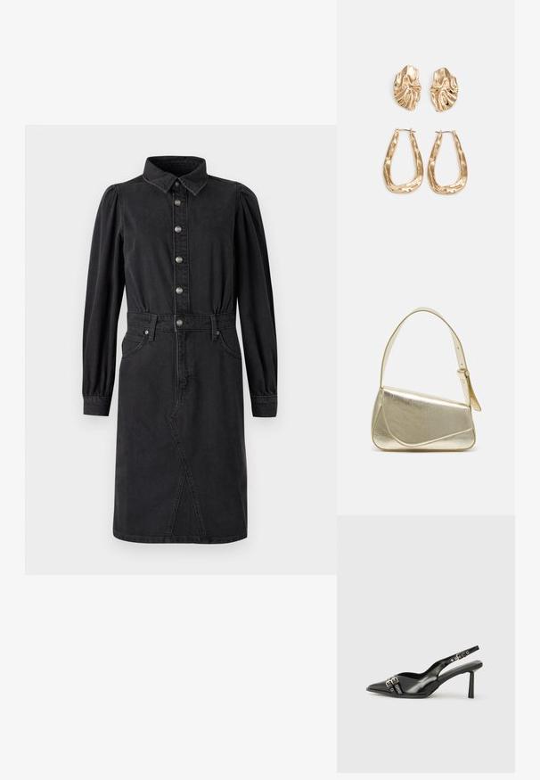 Vestido de ganga preto com fecho de botões na frente, colarinho pontudo, cintura elástica, mangas bufantes longas e dois bolsos laterais.; Sapato slingback preto em pele patentada com bico apontado, tiras no tornozelo apresentando fivelas e acessórios prateados, e um salto elegante.; Bolsa de mão metálica dourada com um design estruturado, textura suave e alça ajustável. Apresenta uma forma triangular única e costura minimalista.; Brincos em tom de ouro com formas onduladas e texturizadas. Inclui studs escultóricos com presilha e um design de argola aberta com um acabamento martelado.