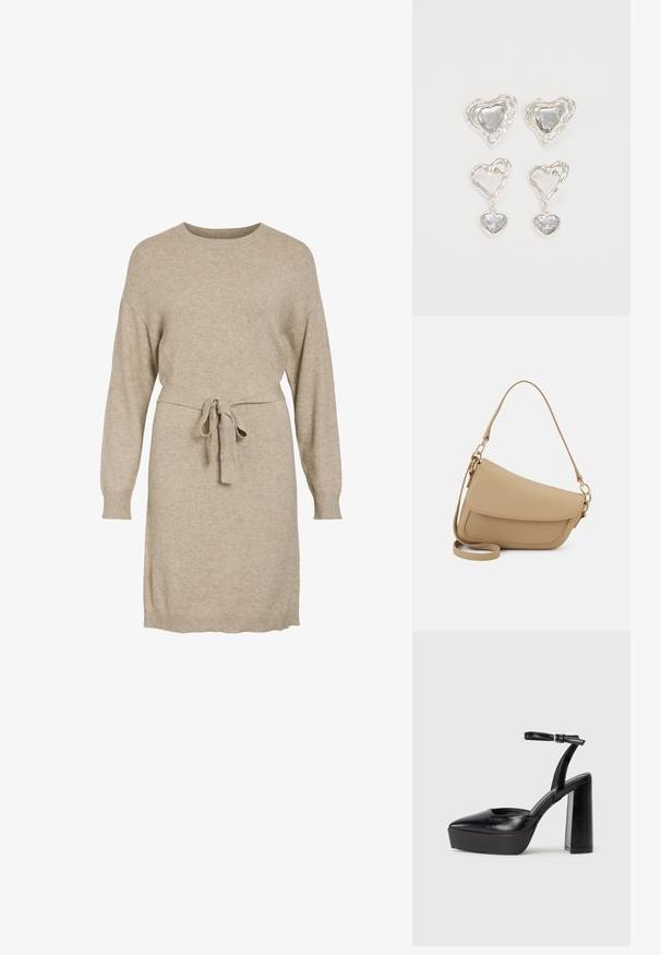 Vestido de malha bege com mangas longas, decote redondo e um cinto amarrado na cintura. Apresenta punhos e bainha canelados para um contraste de textura.; Saltos altos pretos com bico fino e atilho ajustável no tornozelo. Confeccionados em couro suave, apresentam um salto bloco robusto.; Even&Odd Mala de mão - beige; Os brincos em forma de coração prateados apresentam pedras claras facetadas, com uma moldura texturizada. O conjunto inclui estilos de botão e de gota.