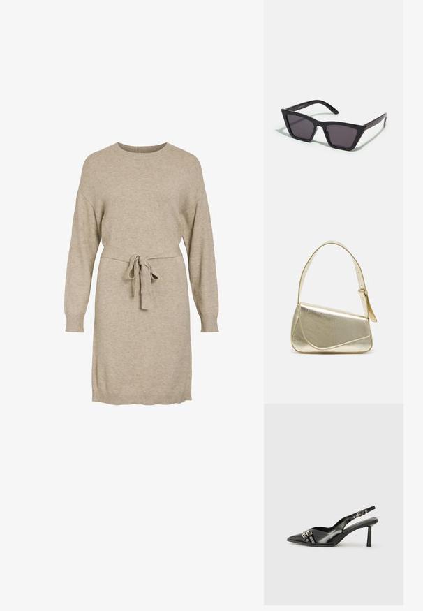 Rochie tricotată bej cu mâneci lungi, guler rotund și o curea la talie. Dispune de manșete și tiv ondulate pentru un contrast textural.; Pantofii slingback din piele lăcuită neagră, cu vârf ascuțit, bretele pentru gleznă cu catarame și accesorii din argint, și un toc subțire.; Ochelari de soare negri, unghiulari, cu lentile gri; fabricați din plastic, având brațe groase cu o suprafață netedă și fără hardware vizibil.; Geantă de umăr metalică aurie cu un design structurat, textură netedă și curea reglabilă. Prezintă o formă triangulară unică și cusături minimaliste.