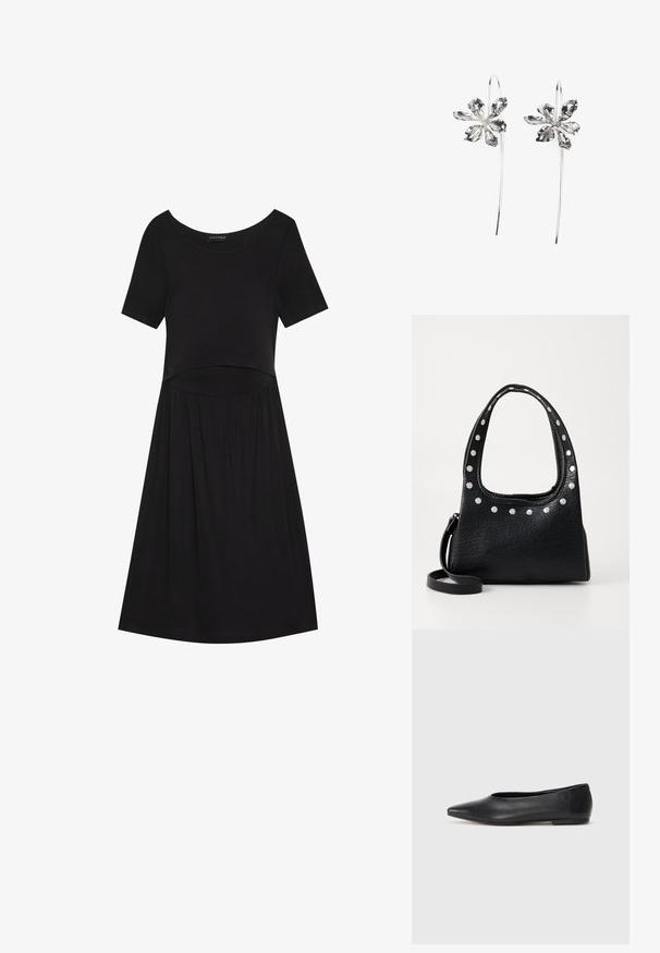 Černé šaty s krátkým rukávem a kulatým výstřihem, s úzkým tělem a rozšířenou sukní, vyrobené z měkké a elastické látky.; Černé kožené baleríny, špičatá špička, minimalistický design, hladký povrch, nízký podpatek, žádné viditelné kovové prvky nebo ozdoby.; Černá kožená kabelka s texturou, se stříbrnými hroty podél horního okraje a na držadlech, vybavená krátkým uchem a odnímatelným popruhem.; Stříbrné naušnice ve tvaru květiny s texturovaným povrchem, které mají dlouhé háčky a detaily v podobě okvětních lístků pro složitý design.