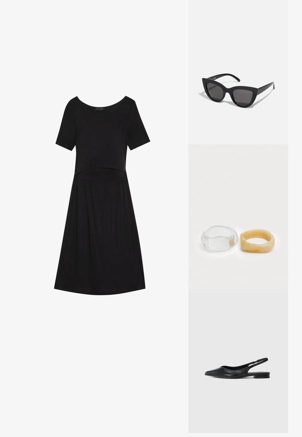 Vestido preto de mangas curtas com decote redondo, apresentando um corpete ajustado e uma saia rodada, feito de um tecido suave e elástico.; Sandal preto de salto baixo com biqueira pontiaguda e fita elástica fina, design minimalista em fundo branco simples.; Óculos de sol cat-eye pretos com acabamento mate, apresentando lentes cinzentas, ângulos acentuados e hastes elegantes. Nome da marca visível na parte interna da haste.; Anéis de resina clara e âmbar, um liso e transparente, o outro com um acabamento texturizado em âmbar. Ambos apresentam designs arredondados e robustos.