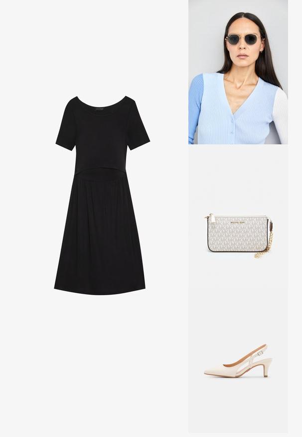 Czarna sukienka na krótki rękaw z okrągłym dekoltem, z dopasowanym górnym części i rozkloszowanym dołem, wykonana z miękkiego, elastycznego materiału.; Biała szpilka slingback z ostrym noskiem, gładkim materiałem wierzchnim, niskim obcasem blokowym oraz wycięciami po bokach i regulowanym paskiem z klamrą.; Okrągłe okulary przeciwsłoneczne z ciemnymi soczewkami i złotymi ramkami. Modelka nosi jasnoniebieski kardigan w prążki z guzikami i białymi rękawami w kontrastowym kolorze.; Portfel na nadgarstek marki Michael Kors w beżowej, pokrytej płótnem, z powtarzającym się wzorem logo MK, złotym okuciem i odpinanym łańcuszkowym paskiem.