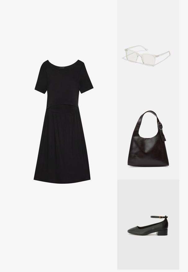 Czarna sukienka na krótki rękaw z okrągłym dekoltem, z dopasowanym górnym części i rozkloszowanym dołem, wykonana z miękkiego, elastycznego materiału.; Czarne skórzane szpilki z ostrym noskiem i niskim słupkowym obcasem. Wyposażone w pasek na kostkę z złotym zapięciem. Gładka tekstura.; Przezroczyste, kwadratowe okulary z plastiku z półprzezroczystymi soczewkami, z złotymi akcentami na zausznikach dla dodatkowego wykończenia.; Brązowa skórzana torba na ramię o gładkiej teksturze, zaokrąglonym kształcie, szerokim pasku i okrąłym metalowym akcentem na uchwycie.