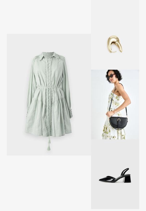 Lysegrønn, langermet kjole laget av teksturert stoff. Har knappelukking, volangkant og snor i midjen med frynseakenter.; Svarte patentlær slingback hæler med spiss tå og geometrisk blokk hæl. Har et stilrent, minimalistisk design og jevn tekstur.; Svart lærveske med en buet form, avtagbar stropp og gullbeslag. Vesken har et klaff med spenne-detall.; Gullfarget metalløredobber med et elegant, buet design. Har en karakteristisk spiss form, polert overflate og hengsel-lukking.