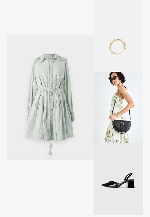 Vestido verde claro de manga larga hecho de tejido texturizado. Presenta cierres de botones, dobladillo con volantes y una cintura con cordón y acentos de borlas.; Zapatos de tacón slingback de charol negro con punta afilada y tacón geométrico en bloque. Presentan un diseño elegante y minimalista, así como una textura suave.; Bolso de piel negra con forma curva, correa desmontable y herrajes dorados. El bolso cuenta con una solapa con un detalle de hebilla.; Anillo en tono dorado con un diseño orgánico y retorcido, con una textura suave y extremos cónicos, creando una apariencia moderna y escultórica.
