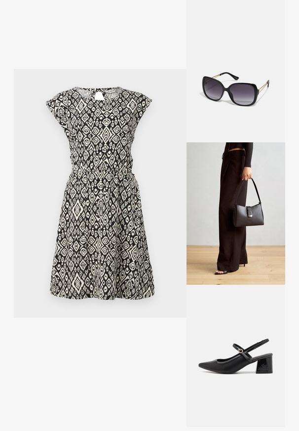 Rochie cu un model în alb și negru, cu o croială lejeră, mâneci scurte tip capac, decolteu rotund și detaliu cu curea la talie. Prezintă un design geometric.; Cizme cu toc slingback din piele sintetică lacuită neagră, cu vârful ascuțit, un design cu decupaj rotunjit și toc bloc. Include un accent cu cataramă de culoare aurie.; Ochelari de soare negri, supradimensionați, cu lentile degradate, rame groase și detalii cu lanț de ton auriu pe brațele templului.; Genți negre cu o formă structurată, textură netedă și un închizător metalic. Asortată cu pantaloni negri largi și sandale cu vârf deschis pe un podea din lemn.