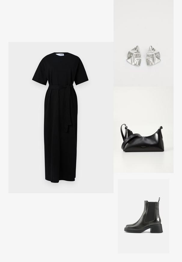 Černé maxi šaty s krátkými rukávy, kulatým výstřihem, páskem na vázání v pase a bočními kapsami. Vyrobeny z měkké, strukturované látky.; Černé kožené kotníkové boty s hladkým povrchem, elastickými bočními panely a masivním podpatkem. Obsahují poutko pro snadnější nazouvání.; Černá kožená kabelka s hladkou texturou. Obsahuje nastavitelný popruh a elegantní, minimalistický design se zipovým uzávěrem.; Stříbrné kovové náušnice s vlnitým, sochařským designem s leštěným povrchem a nepravidelnými tvary, které zdůrazňují moderní estetiku.