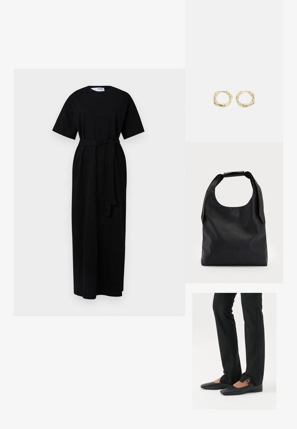 Schwarzes Maxikleid mit kurzen Ärmeln, rundem Ausschnitt, einer Taillenschnalle und Seitentaschen. Hergestellt aus weichem, strukturiertem Stoff.; Schwarze Leder-Ballerinas mit spitzer Zehenpartie, Riemchen mit silberner Schnalle, kombiniert mit schwarzen taillierten Hosen mit Schlitzsaum.; Schwarze Lederhandtasche mit großem offenem oberen Bereich und einem einzelnen Schulterriemen. Weiche Textur, minimalistisches Design, mit subtilen hardware Akzenten.; Goldene Creolen mit einer strukturierten, unregelmäßigen Form. Sie verfügen über einen nahtlosen Verschluss und eine polierte Oberflächenbehandlung, die ein modernes Design betont.