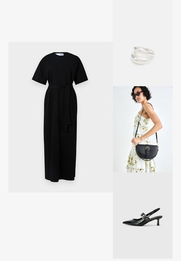 Mustikas kleit lühikeste varrukatega, ümar kaelus, vöökohtade seotud vöökohaga ja küljetaskudega. Valmistatud pehmest, tekstuuriga kangast.; Mustad patenteeritud nahast sildiga kontsad, millel on terav nina ja väike plokk-konts, mille rihmal on hõbedane pandla aksessuaar.; Mustmust mustraha kõverate joontega, eemaldatava rihmaga ja kuldsete detailidega. Kotil on klapp, millel on pandladetail.; Hõbedane kahekordne rõngas sujuva, poleeritud pinnaga. Omab voolavat, kõverat disaini, millel on kattuvad sektsioonid, et saavutada kaasaegne ilme.