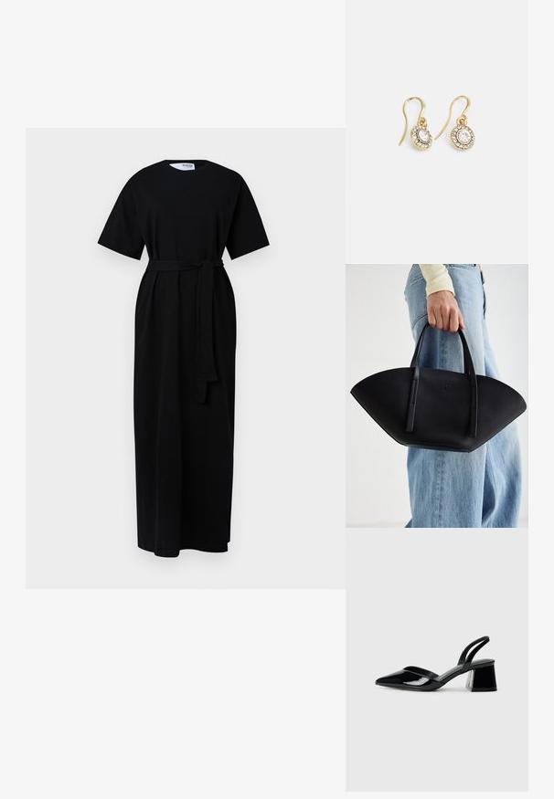 Črna maxi obleka s kratkimi rokavi, okroglo izrezom, pasom za vezanje in stranskimi žepi. Narejena iz mehkega, strukturiranega blaga.; Črne lakirane slingback pete s koničastim nosom in geometrijsko blokasto peto. Imajo eleganten, minimalističen dizajn in gladko teksturo.; Črna usnjena torbica z edinstveno obliko ventilatorja, z ravnimi ročaji. Površina ima teksturo z drobnimi kamni in minimalističen dizajn.; Zlato obarvani uhani z ovalnimi prozornimi kristali, ki jih obdajajo manjši prozorni kamenčki, s sistemom za oblačenje za varno nošenje.