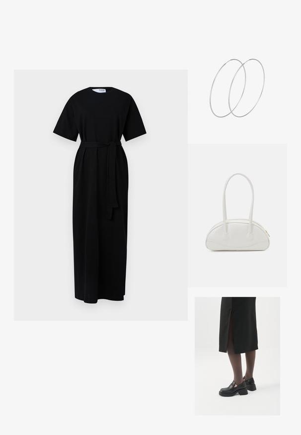 Mustapitu maxi-mekko, jossa on lyhyet hihat, pyöreä pääntie, vyötärölle sidottava vyö ja sivutaskut. Valmistettu pehmeästä, teksturoidusta kankaasta.; Mustat nahkakengät pyöreällä kärjellä, paksulla lohkopohjalla ja joustavilla sivuakkesseilla, yhdistettynä tummiin sukkahousuihin ja mustaan hameeseen, jossa on halkio.; Even&Odd Käsilaukku - off-white; Hopehope hopeilla, joissa on minimalistinen muotoilu. Pyöreä muoto, sileä pinta ja ohut profiili. Kevyet ja kiillotetut.