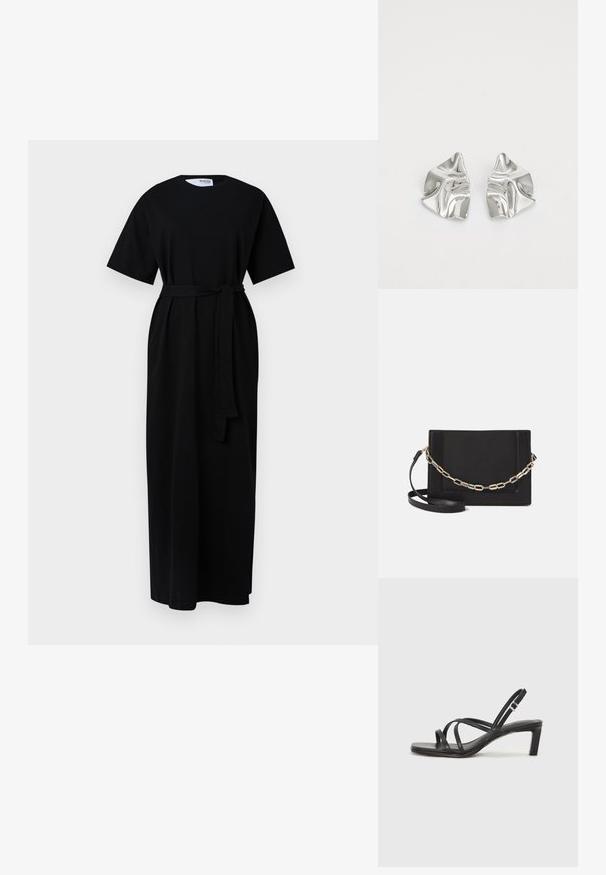 Melnas maxi kleitas ar īsām piedurknēm, apaļu kakla izgriezumu, jostas saišu un sānu kabatām. Izgatavota no mīksta, teksturēta auduma.; Melnas strappy sandales ar kvadrātveida purngaliem un zemu bloku papēdi. Ievērojamas ar vairākiem plāniem siksniņām un regulējamu potītes siksniņu. Izgatavotas no gludas ādas.; Melna ādas crossbody soma ar gludu faktūru, taisnstūrveida formu un metalizētu ķēdes detaļu priekšā. Iekļauta regulējama siksna.; Sudraba metāla auskari ar viļņainu, skulpturālu dizainu, kas izceļas ar pulētu apdari un neregulārām formām, uzsverot mūsdienīgu estētiku.