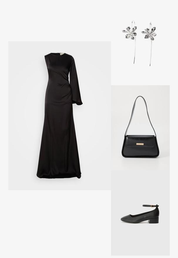 Heathe CHIOMA MAXI - Oblačila za posebne priložnosti - black; Črne usnjene pumpice z nazobčanimi prsti in nizko blokasto peto. Imajo trak okoli gležnja z zaponko v zlatem tonu. Gladka tekstura.; Črna usnjena torbica z obliko trikotnika, ozkim trakom in zlatimi dodatki, ki vključujejo oznako na sprednjem poklopcu.; Srebrne uhani v obliki rože z teksturirano površino, ki imajo dolge kavljice in podrobnosti, podobne cvetnim listom, kar ustvarja zapleten dizajn.