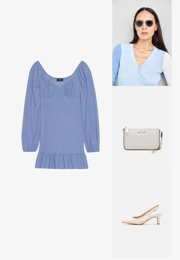 Sinine tekstuuriga pluus püsivate volangidega pikkade varrukatega, laia kaelusega ja volangilise äärisega. Küünarnukkide ja rinna juures on kokku kogutud detailid.; Valge slingback konts, terava ninaga, siledast ülemisest materjalist, madala ploki kontsaga ja külgse nähtavusega ning reguleeritava pandla rihmaga.; Ringikujulised prillid tumedate läätsede ja kullast raamiga. Mudel on selga pannud helesinise soonikuga kardigani, millel on nupud ja kontrastsed valged varrukad.; Michael Korsi randmevõru beige kaetud kangast, millel on korduv MK logo muster, kuldne riistvara ja eemaldatav ahelistrap.