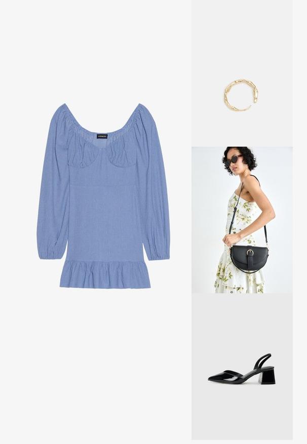 Sinine tekstuuriga pluus püsivate volangidega pikkade varrukatega, laia kaelusega ja volangilise äärisega. Küünarnukkide ja rinna juures on kokku kogutud detailid.; Mustad musta lakknahk kingad, millel on terav varvas ja geomeetriline plokkkonts. Omab elegantselt minimalistlikku disaini ja sujuvat tekstuuri.; Mustmust mustraha kõverate joontega, eemaldatava rihmaga ja kuldsete detailidega. Kotil on klapp, millel on pandladetail.; Kuldtoonis sõrmus, millel on orgaaniline, keerdunud disain sileda tekstuuri ja kitsenevate otstega, luues kaasaegse skulptuurilise välimuse.