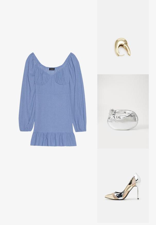 Blå strukturert bluse med lange purrende ermer, bred halsutringning og volangkant. Har rynkede detaljer ved skuldrene og brystet.; Spiss-tå høyhælte sko med en fargekomposisjon av sølv, gull og nude. Glanset overflate med utskjæringsdesign, med en stiletto hæl.; Sølvfarget metallisk poseveske med en myk, avrundet form og en knyttet topplukking. Laget av glatt imitert skinn.; Gullfarget metalløredobber med et elegant, buet design. Har en karakteristisk spiss form, polert overflate og hengsel-lukking.