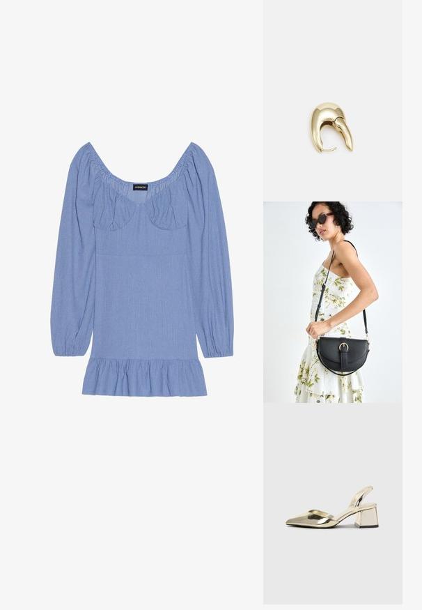 Sinine tekstuuriga pluus püsivate volangidega pikkade varrukatega, laia kaelusega ja volangilise äärisega. Küünarnukkide ja rinna juures on kokku kogutud detailid.; Kuldne, metallilised slingback-kudumid terava varba ja paksu kontsaga. Sile tekstuur, minimalistlik disain ja kitsas rihm.; Mustmust mustraha kõverate joontega, eemaldatava rihmaga ja kuldsete detailidega. Kotil on klapp, millel on pandladetail.; Kuldtooni metallist kõrvarõngas, millel on elegantne ja kaarjas disain. Omab silmapaistvat teravat kuju, poleeritud pinda ja hingesulgemist.