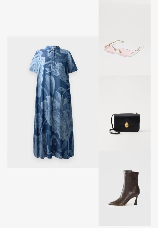 Denimkleit lühikeste varrukatega, helesinise lillemustriga ning kraega. Omab nööbistust ja lahedat, voolavat lõiget.; Tumepruun nahast keskajalgnik, millel on terav nina, kumer õhuke konts ja sile viimistlus valgel taustal.; Gucci Päikeseprillid - gold-coloured/pink; Must kase nahast käekott, millel on struktureeritud ristkülikukujuline kuju. Omab kuldset ovaalset lukku ja õhukest õlavarre rihma. Sile tekstuur.; Must kase nahast käekott, millel on struktureeritud ristkülikukujuline kuju. Omab kuldset ovaalset lukku ja õhukest õlavarre rihma. Sile tekstuur.; Must kase nahast käekott, millel on struktureeritud ristkülikukujuline kuju. Omab kuldset ovaalset lukku ja õhukest õlavarre rihma. Sile tekstuur.