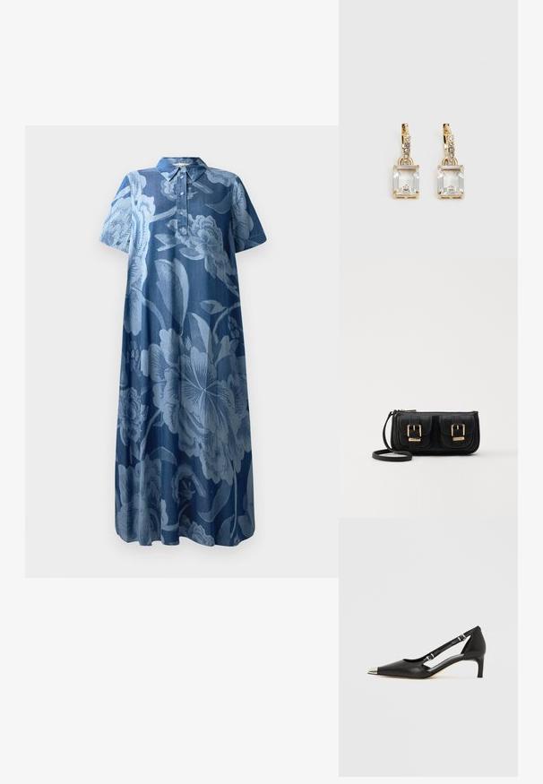 Džinsinė suknelė trumpomis rankovėmis, šviesiai mėlyna gėlių raštais, su apykakle. Turi mygtukų užsegimą ir laisvą, plazdančią formą.; Juodos odos bateliai su žemu kulniuku, smailiu sidabro spalvos pirštinės gaubtu ir dvigubais dirželiais, ant balto fono.; Juodas odinis per petį nešiojamas krepšys su dviem priekiniais kišenėmis, auksiniais sagtimis, užtrauktuko uždarymu ir siauromis petnešomis. Textūruota paviršius ir kompaktiškas stačiakampis formatas.; Auksinės spalvos auskarai, kuriuose yra stačiakampis, skaidrus kristalas, kabantis po eile mažų, apvalių skaidrių akcentų. Šiuolaikiškas, modernus dizainas.