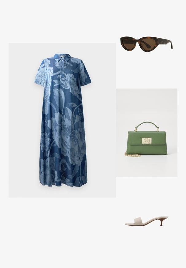 Abito in denim con maniche corte, motivo floreale in azzurro chiaro e scollatura con colletto. Caratterizzato da una chiusura a bottoni e una forma ampia e fluida.; Sandal senza tacco con tomaia in tessuto intrecciato beige, punta aperta e suola intermedia curva in legno. Il design presenta una superficie liscia e una forma minimalista.; Occhiali da sole a forma di cat-eye con montatura tartarugata e lenti marroni, dotati di una struttura in plastica liscia e lucida e un design elegante. Senza loghi o dettagli visibili.; Borsa a tracolla verde in pelle con forma strutturata, hardware dorato, manico superiore e tracolla a catena rimovibile. Superficie testurizzata con chiusura a patta.