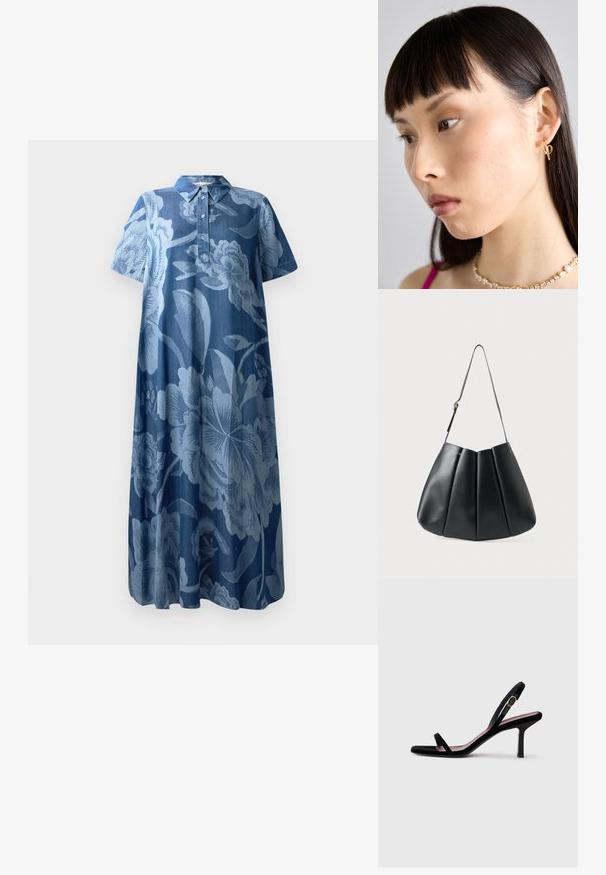 Denimkleit lühikeste varrukatega, helesinise lillemustriga ning kraega. Omab nööbistust ja lahedat, voolavat lõiget.; Mustmust naiste kõrge kontsaga sandaalid mustast nahast kitsaste rihmadega ja kullavärvi pandlaga valgel taustal, külgvaade.; Mustriline must-õlarihmaga must nahast kott, plekkide disainiga, sujuva tekstuuriga, ühe rihmaga ja peene kuldse metallist aktsendiga.; Kuldne rõngasse ehe, kantud paremal kõrvas, omab avatud disaini. Modellil on sirged, tumedad juuksed ja minimaalne meik.