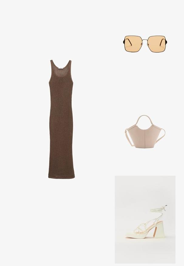 Abito senza maniche lavorato a maglia all'uncinetto marrone con una silhouette aderente, caratterizzato da una trama a rete aperta e una scollatura rotonda.; Sandalo bianco con tacco alto, caratterizzato da un design a cinturini e un legaccio alla caviglia. Texture liscia con una piattaforma frontale per un'altezza aggiuntiva.; Occhiali da sole quadrati con lenti marroni e una sottile montatura in metallo nero. Presentano tempie angolari e naselli regolabili per il massimo comfort.; Borsa in pelle beige con una forma unica, caratterizzata da due manici corti e una lunga tracolla regolabile. Texture liscia con hardware minimale.