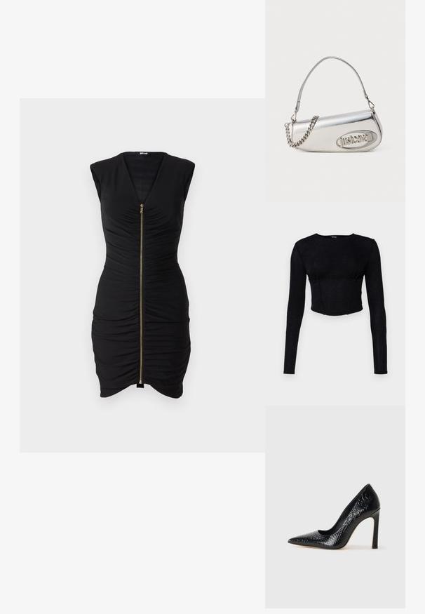 Fekete ujjatlan ruha mély V-kivágással, elülső cipzárral és rakott textúrával, karcsú sziluettel és sima anyaggal.; Fekete, hosszú ujjú crop top, texturált anyagból, testhez álló fazonnal és ráncolt részletekkel a mellen.; Fekete hegyes orrú magassarkú cipő krokodilbőr textúrával, letisztult dizájnnal, magas tűsarkú és sima fekete belső résszel.; Ezüst fémes kézitáska lekerekített háromszög alakú, logóval, láncos pánttal és sima textúrával. Oldalán cipzáras záródás.