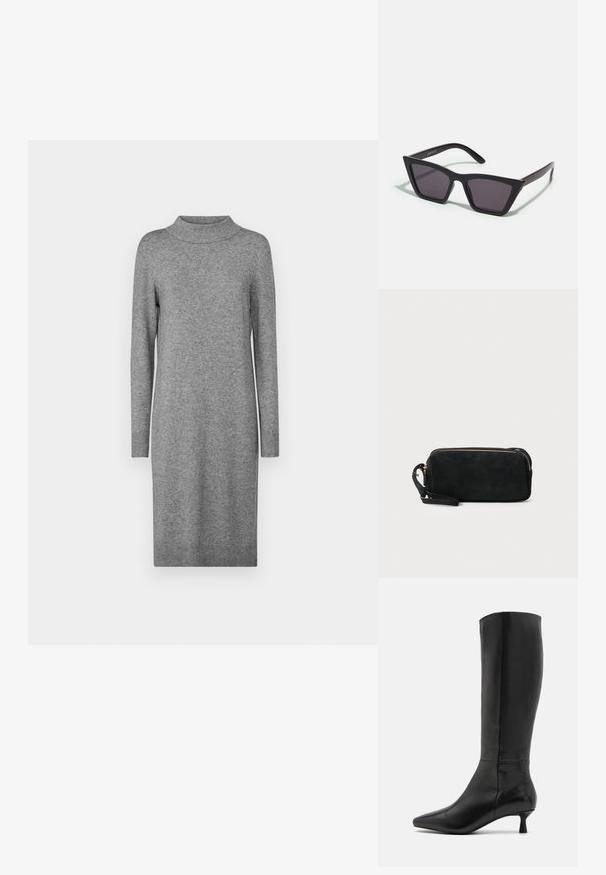 Vestido cinza de malha com gola alta, mangas longas e punhos canelados. O material parece macio e o design é justo.; Zign Botas - black; Óculos de sol pretos, angulares, com lentes cinzas; feitos de plástico, apresentando hastes grossas com uma superfície lisa e sem hardware visível.; Clutch bag preta em camurça, com fecho em zíper e alça de pulso removível. Apresenta acessórios em tom dourado e uma textura suave e fosca.