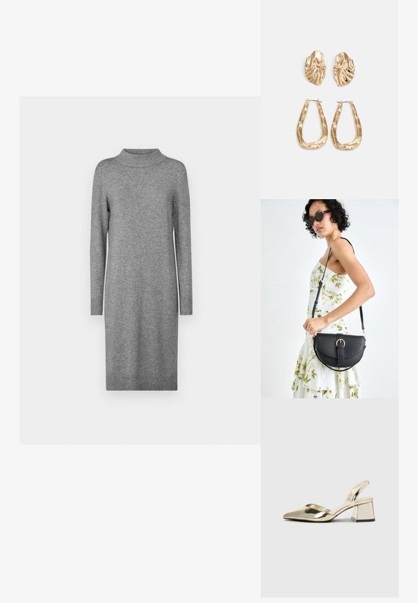Szürke kötött ruha magas gallérral, hosszú ujjakkal és bordázott mandzsettával. Az anyag puhanak tűnik, a dizájn pedig testhezálló.; Arany, fémből készült slingback sarkú cipők hegyes orral és vastag sarokkal. Simaság, minimalista design és keskeny pánt jellemzi.; Fekete bőrtáska ívelt formával, levehető pánttal és arany színű fémrészekkel. A táskán egy csattal díszített fedél található.; Aranyszínű fülbevalók, texturált, hullámos formákkal. Tartalmazza a szobrászati klipszes studokat és az open hoop kialakítást, kalapácsos felülettel.
