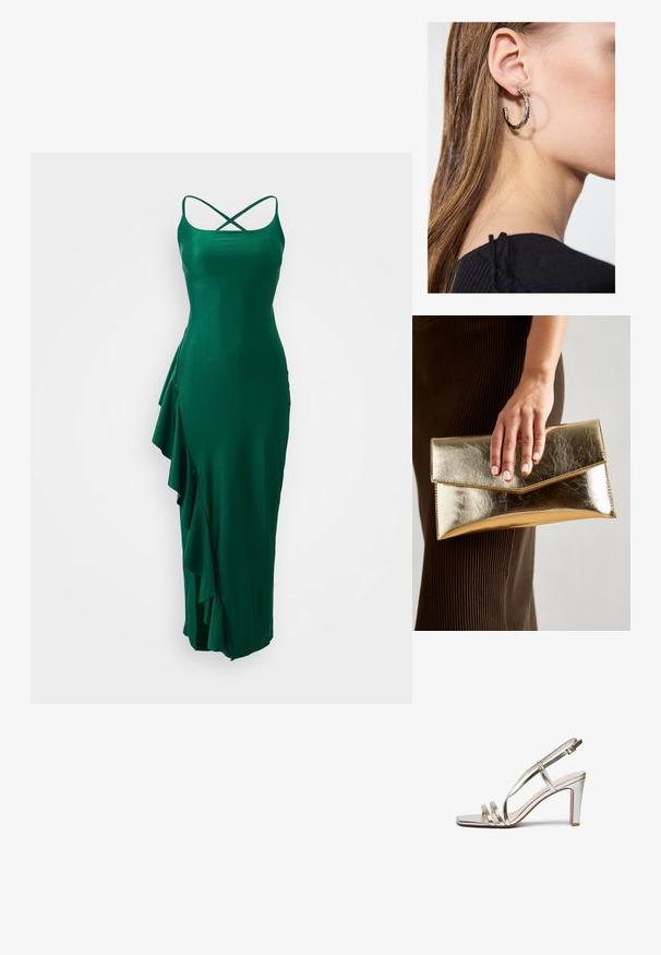 Zaļš satīna kleita ar spageti plecu siksnām un krustenisku aizmuguri, ar volānu detaļu kreisajā pusē un pieguļošu siluetu.; Metāliski sudraba augstpapēžu sandaļi ar atvērtu purngalu, kas aprīkoti ar trim plāniem siksniņām pāri pēdai un potītes siksniņu ar sprādzi.; Zelta metalizēta sajūga soma ar gludu tekstūru, kuru rotā trīsstūrveida vāks. Rokai, kas to tur, ir kārtīgi apgriezti nagi.; Sudraba auskars ar pulētu apdari, ar maziem zelta akcentiem un apaļu formu, uz ausu ļipiņas.